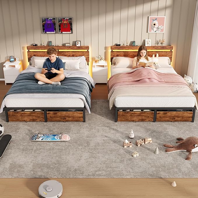 Forestell Full Size Bed Frame with Wood Headboard, Metal Platform Bed with 2 Storage Drawers & Shelf, Built in Charging Station & LED Lights, No Box Spring Needed, Vintage Brown, Camas Full