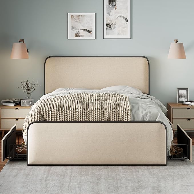 Merax Queen Size Metal Bed Frame with Curved Upholstered Headboard and Footboard, Modern Platfrom Bed & 4 Storage Drawers Under Bed, No Box Spring Needed, Easy Assembly, Beige