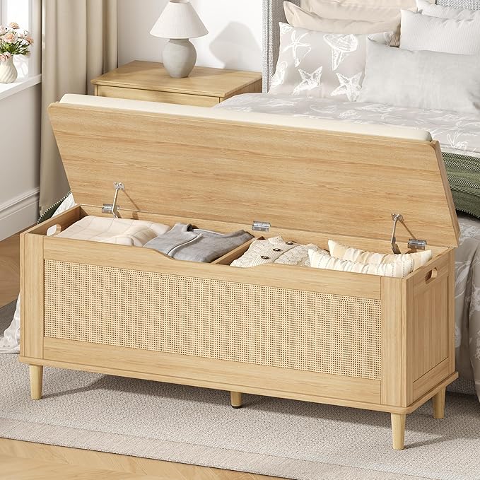 Keehusux 47.2" Rattan Storage Chest with Padded Seat Cushion, Extra Large Storage Bench with 2 Safety Hinges, Storage Trunk with Solid Wood Legs & Rounded Corners for Entryway, Bedroom, Natural Oak