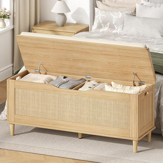 Keehusux 47.2" Rattan Storage Chest with Padded Seat Cushion, Extra Large Storage Bench with 2 Safety Hinges, Storage Trunk with Solid Wood Legs & Rounded Corners for Entryway, Bedroom, Natural Oak