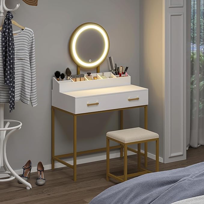 UTEX Makeup Vanity Desk with Mirror and Lights, Makeup Vanity Set with Drawers, Small Dressing Up Table, 3 Lighting Modes Dresser Desk and Cushioned Stool Set for Bedroom White and Gold