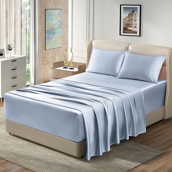 Homiest 4pcs Extra Deep Pocket Queen Size Bed Set, 18-24 Inch Deep Pocket Bed Sheets, Baby Blue Satin Sheet Set, Luxury Fitted Sheet Set Fits Ultra Deep Mattress