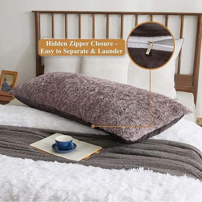 XeGe Luxury Shaggy Fuzzy Body Pillow Cover, Fluffy Bed Pillow Case with Zipper Closure, Soft Decorative Plush Long Pillow Sham, Faux Fur Hug Pillow for Home Bedroom 20"x54" Chocolate Ombre