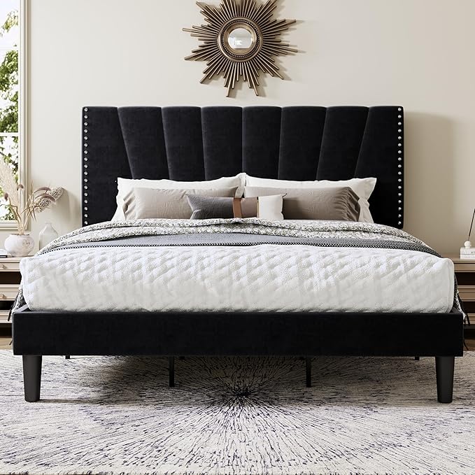 Allewie King Size Bed Frame with Adjustable Velvet Upholstered Headboard, Rivet-Style Nailhead Trim Detail Platform Bed Frame, Wooden Slat Support, No Box Spring Needed, Easy Assembly, Black