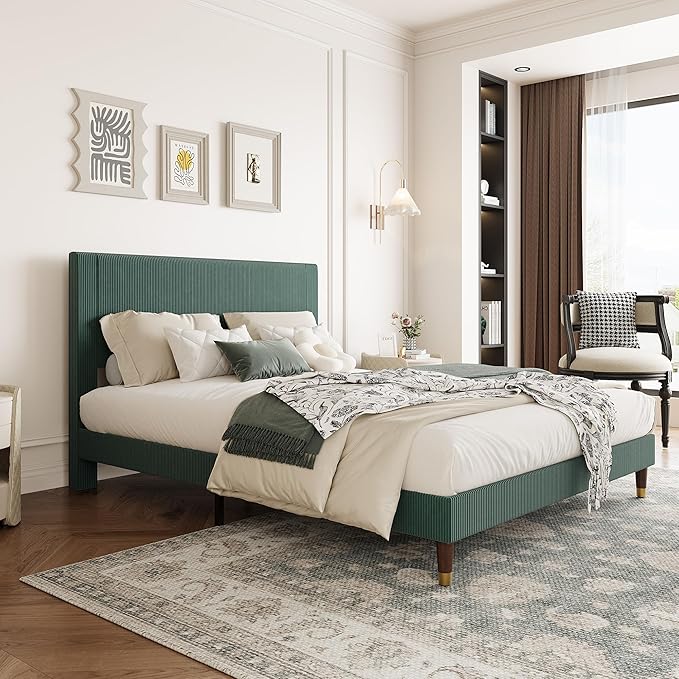 GarveeHome Full Size Bed Frame with Upholstered Headboard and Strong Wooden Slats Support, Soft Corduroy Fabric Platform Bed, No Boxing Spring Needed, Easy Assembly, Dark Green
