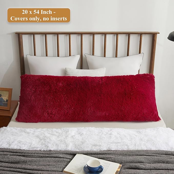 XeGe Soft Plush Body Pillow Cover, 20x54 Big Fluffy Body Pillowcase, Boho Faux Fur Fuzzy Long Decorative Pillow Sham for Bedroom Sofa Couch, Solid Shaggy Throw Bed Pillow Case Red