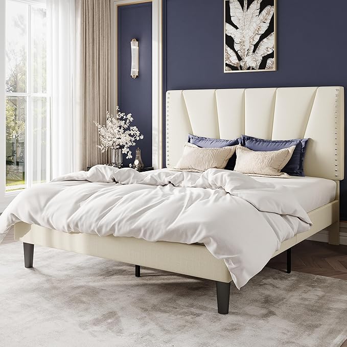 SHA CERLIN Queen Size Bed Frame with Adjustable Upholstered Velvet Rivets Headboard, Sturdy Wooden Slats, Strong Platform Support for Mattress, No Box Spring Needed, Easy Assembly, Cream