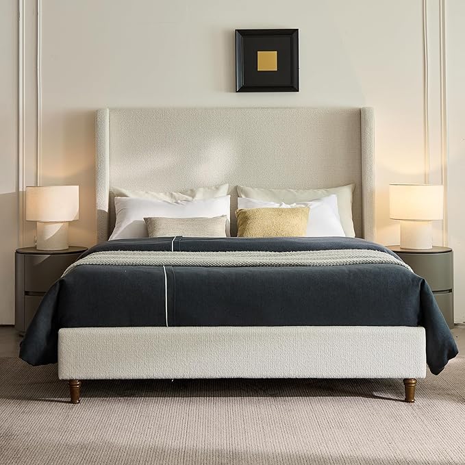 Queen Size Tall Headboard Bed, Boucle Upholstered Platform Bed Frame with 54" High Headboard, Sturdy Wooden Slats & Metal Frame, No Box Spring Required, Easy Assembly, Elegant Simplicity, Cream White