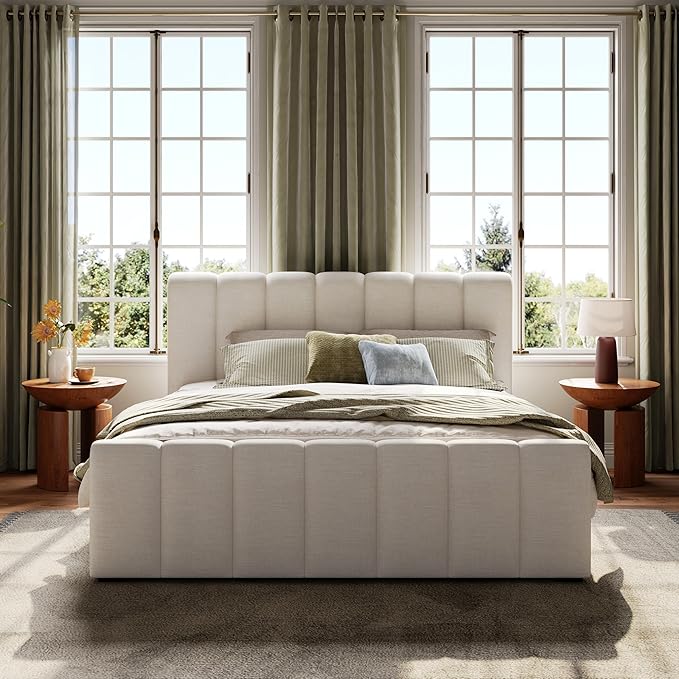 Merax Queen Size Upholstered Platform Bed with Thick Headboard and Footboard, Block Style Linen Fabric Bed Frame with Solid Wood Legs, Beige