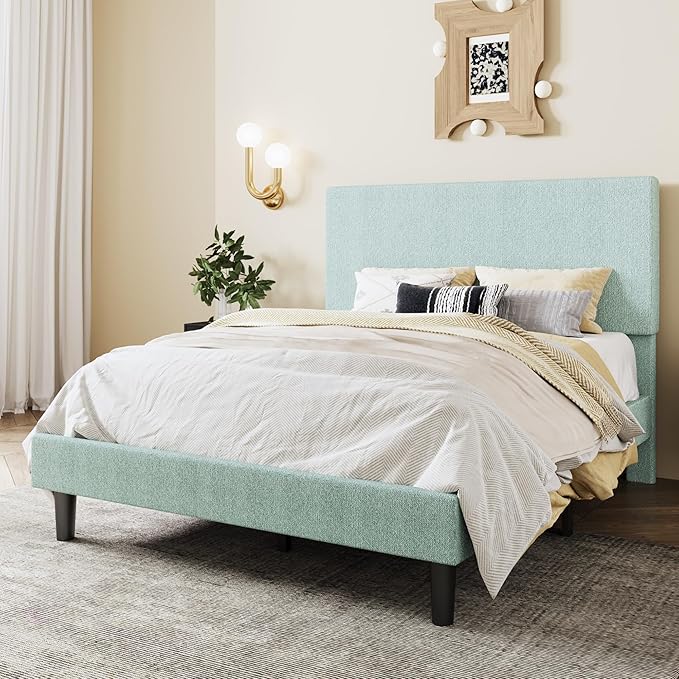 SHA CERLIN Queen Size Platform Bed Frame with Adjustable Headboard and Wooden Slats Support, Boucle Upholstered Mattress Foundation, No Box Spring Needed, Easy Assembly, Ice Blue