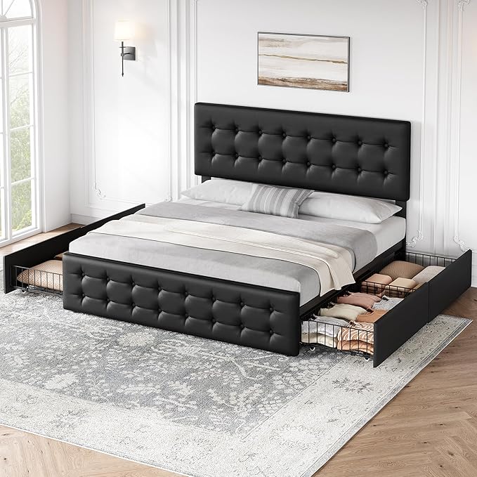 IDEALHOUSE King Size Bed Frame with 4 Storage Drawers and Headboard, Faux Leather Upholstered Platform Bed Frame with Wooden Slats Support, Button Tufted Design, No Box Spring Needed, Black