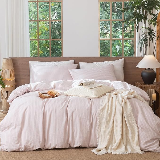 MooMee Striped Duvet Cover Set 100% Washed Cotton Linen Like Textured Breathable Durable Soft Comfy (Heathered Greyish Pink White Wide Stripes, Oversized Full 82"x86")