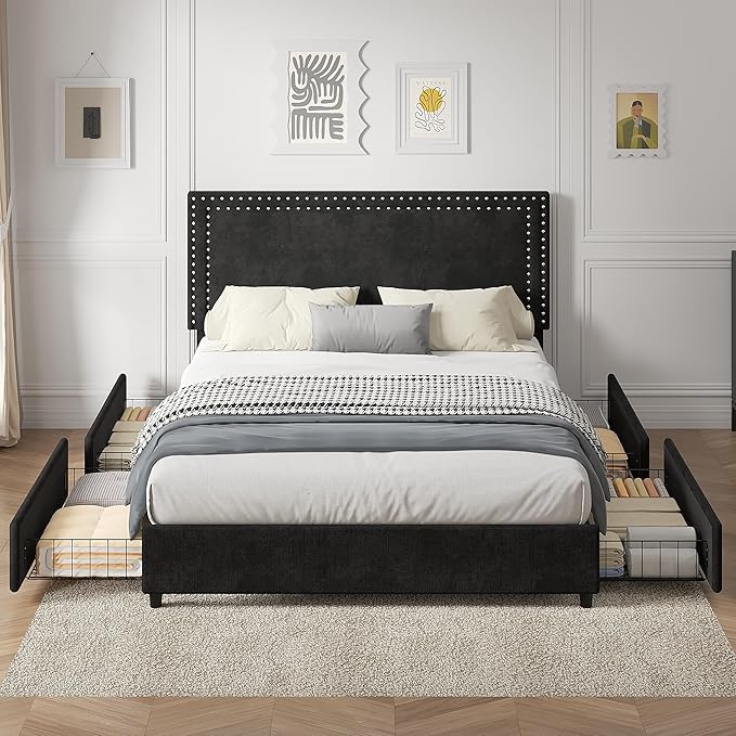 VECELO Queen Size Upholstered Bed Frame with 4 Storage Drawers, Adjustable Velvet Rivet Decor Headboard, Wooden Slats Platform Support, No Box Spring Needed, Easy Assembly,Black