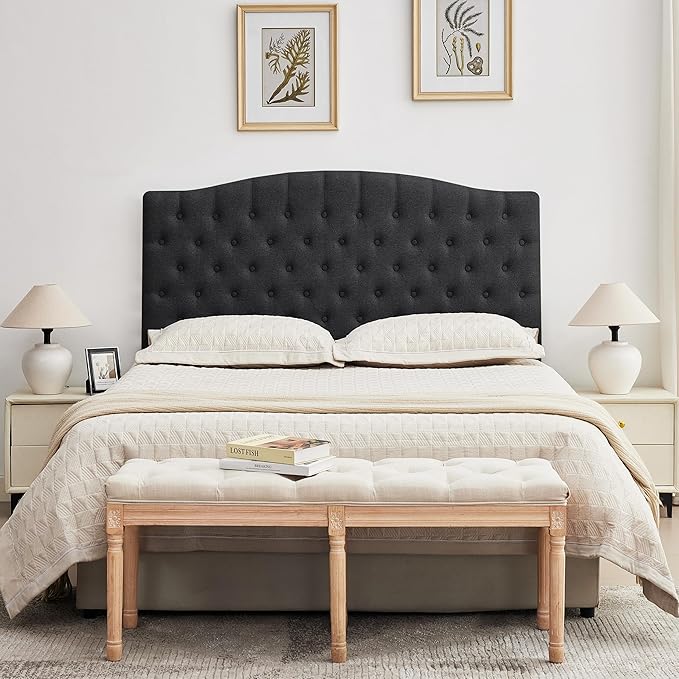 Tufted Upholstered Tall Headboard Queen Size, Sturdy and Durable Solid Wood Bed headboards, Comfortable Linen Fabric Queen Headboard Only, Modern Luxury Button Diamond Design Head Board, Black