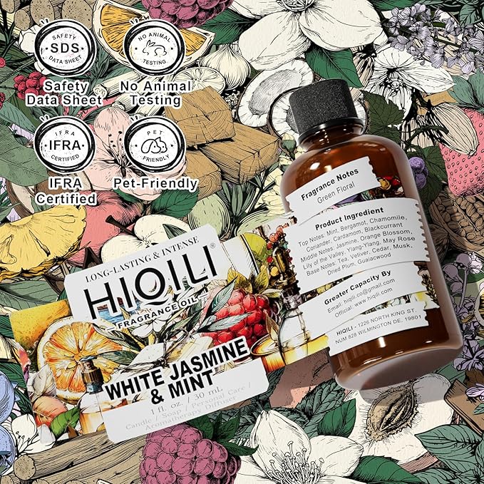 HIQILI White Jasmine & Mint Fragrance Oil for Diffuser, Candle, Soap & Perfume Making, Floral Herbal Scent with Fresh Tea Notes, Long-Lasting Scent - 1 Fl Oz