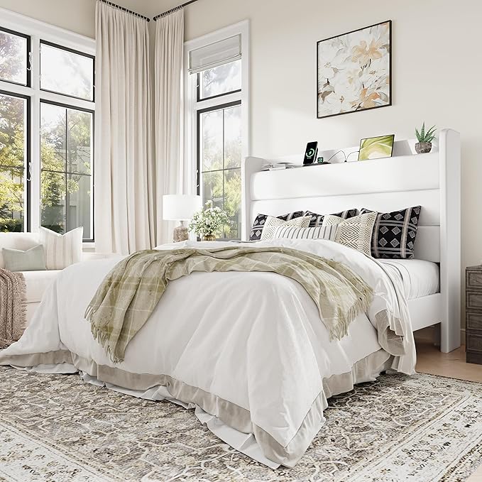 Allewie Queen Size Upholstered Bed Frame with Charging Station & Storage Headboard, Soft Velvet Wingback Platform Bed, Strong Wooden Slats Support, No Box Spring Needed, Easy Assembly, White
