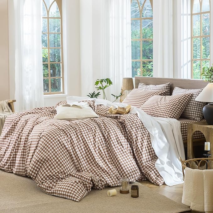 MooMee Gingham Duvet Cover Set 100% Washed Cotton Linen Like Textured Breathable Durable Soft Comfy Modern Checkered Design (Dark Orange Gingham, Twin 68"x90")