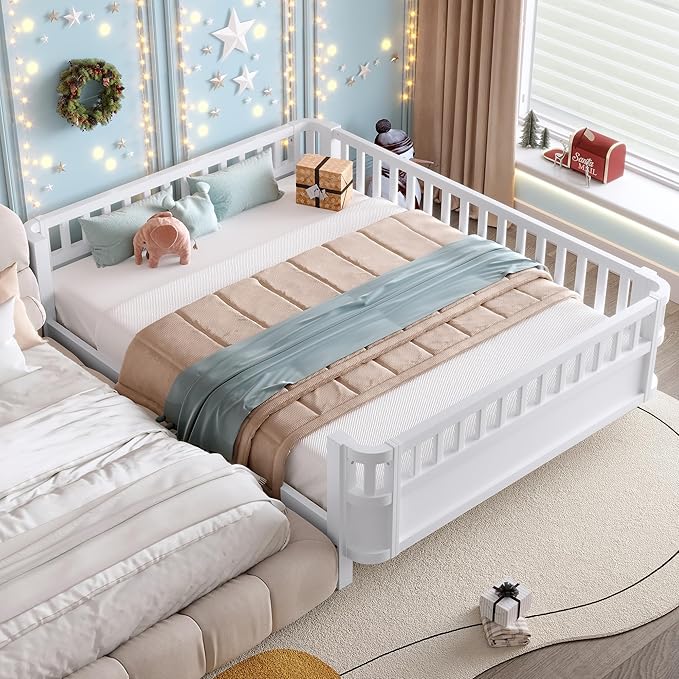 Bellemave Queen Size Montessori Bed with Fence & Slats, Platform Bed Frame with Detachable Side Rails, Rounded Corners, Safe & Easy Assembly,White Montessori Bed Queen Size
