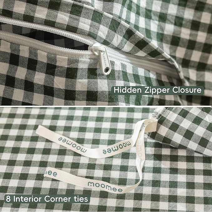MooMee Gingham Duvet Cover Set 100% Washed Cotton Linen Like Textured Breathable Durable Soft Comfy Modern Checkered Design (Mini Gingham Forest Green, King 104"x90")