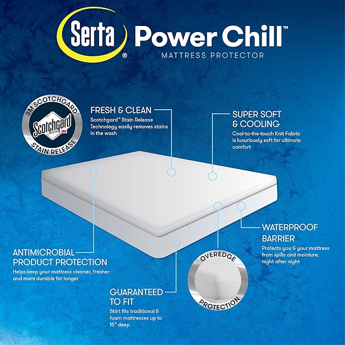 Serta Power Chill Twin Size Waterproof Mattress Cover, Soft and Breathable Cooling Mattress Protector, 15" Elastic Deep Pocket for Secure Fit, White