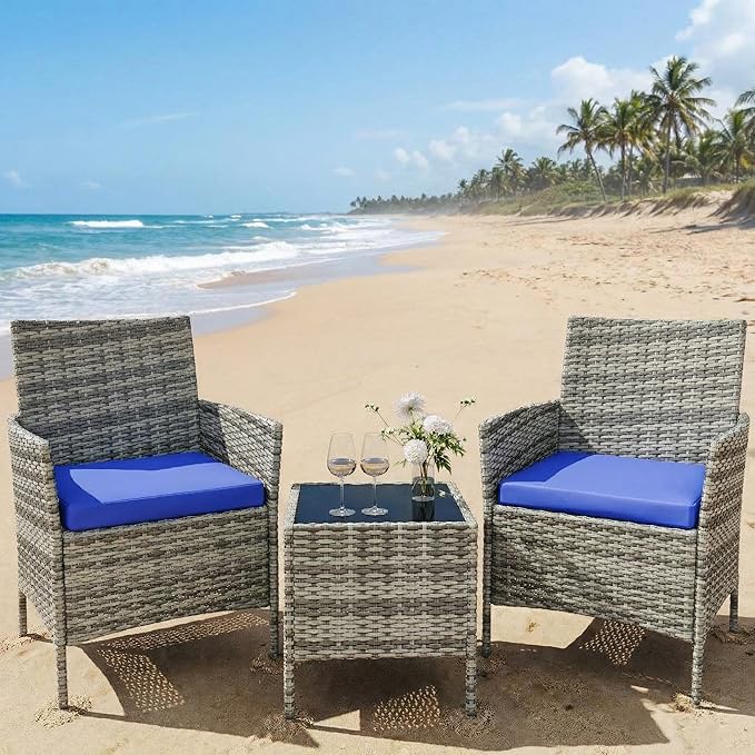 GarveeHome 3-Piece Patio Bistro Set, PE Rattan Outdoor Conversation Furniture with 2 Cushioned Chairs & Coffee Table, Weather-Resistant for Backyard, Balcony, Porch (Blue Cushion)