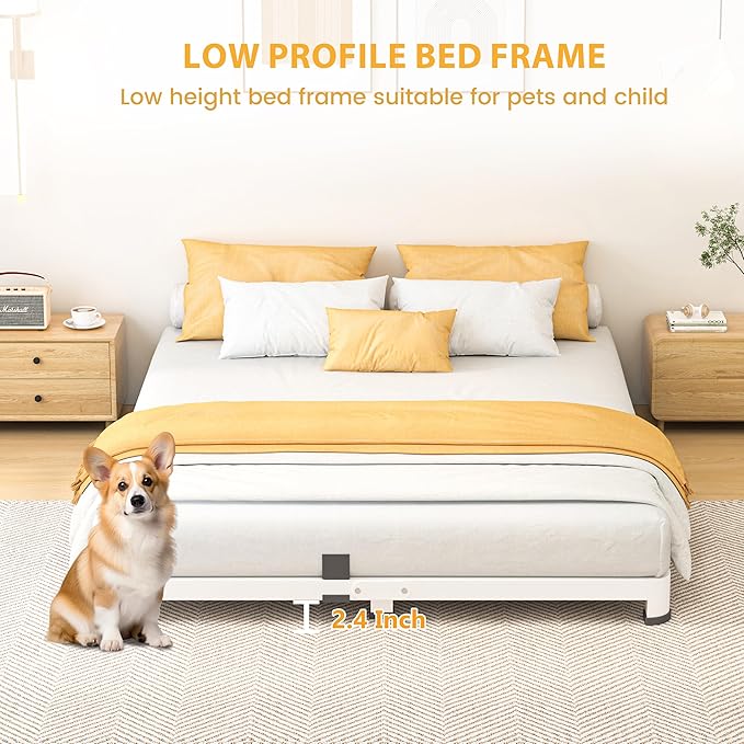 4 Inch Queen Bed Frame, Metal Platform Bed Frame with Round Corner Legs, 3500 lbs Heavy Duty Steel Slats Support, No Box Spring Needed, Noise Free, Easy Assembly, White