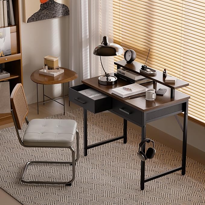 Pamray 32 Inch Small Computer Desk with Monitor Stand Home Office Desks with 2 Drawers for Bedroom Study Writing and Work Table for Small Spaces Brown