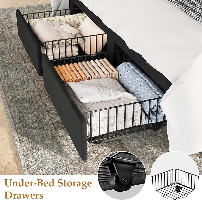 GarveeHome Full Size Bed Frame, Bed Frame Upholstered Platform Bed with Velvet Headboard, Wing Edge Design, 2 Storage Drawers, No Box Spring Needed, Black