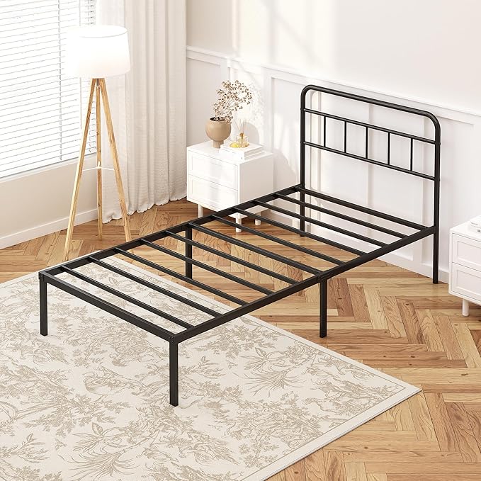 Kujielan 12 inches Twin Size Bed Frame with Minimalist headboard,Metal Platform Base with Strong Metal Slats,Mattress Foundation for Under Bed Storage,Easy Assembly,Black