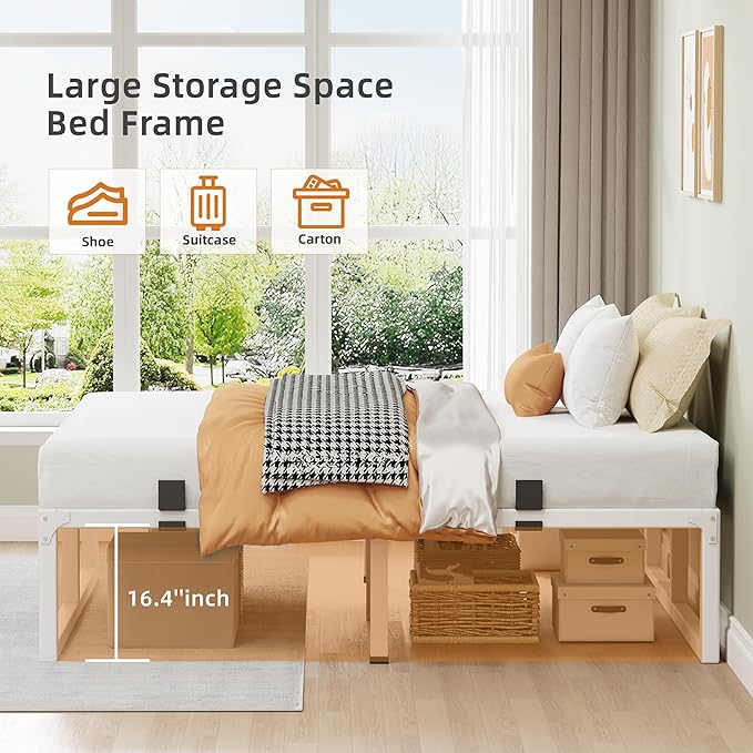 Queen Bed Frame, 18 Inch Metal Platform Bed Frames with Squeak Free U-Slot Design, 6 Non-Slip Guards, 3500lbs Heavy Duty Steel Slat Support, No Box Spring Needed, Under Bed Storage, White