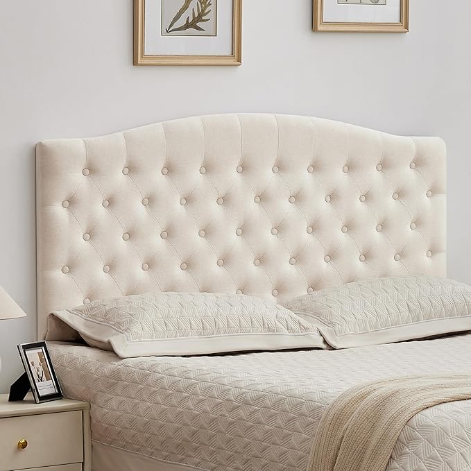 Tufted Upholstered Tall Headboard Queen Size, Sturdy and Durable Solid Wood Bed headboards, Comfortable Linen Fabric Queen Headboard Only, Modern Luxury Button Diamond Design Head Board, Beige