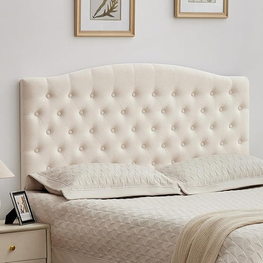 Tufted Upholstered Tall Headboard Queen Size, Sturdy and Durable Solid Wood Bed headboards, Comfortable Linen Fabric Queen Headboard Only, Modern Luxury Button Diamond Design Head Board, Beige