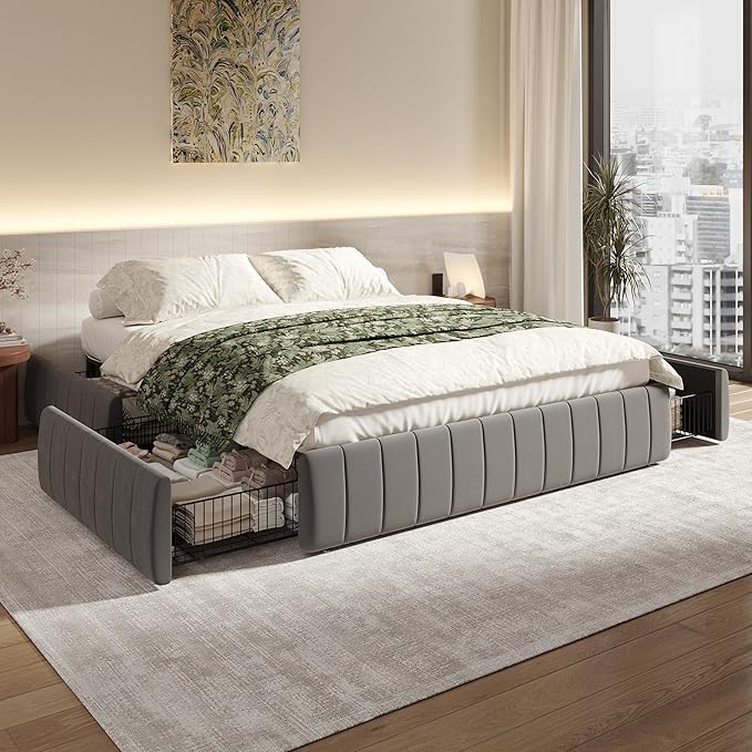 SHA CERLIN Queen Size Velvet Upholstered Platform Bed Frame with 4 Storage Drawers, Vertical Channel Tufted, Low Profile, Fits Standard Headboards, Wooden Slats Support, Easy Assembly, Grey