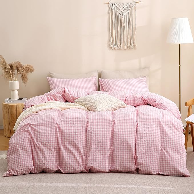 TOCOMOA Pink Gingham Duvet Cover Bedding Set 100% Washed Cotton Like Linen Feel Super Soft Comfortable 3 Piece Cute Plaid Checkered Comforter Cover Set (Queen 90"x90", Comforter Not Included)