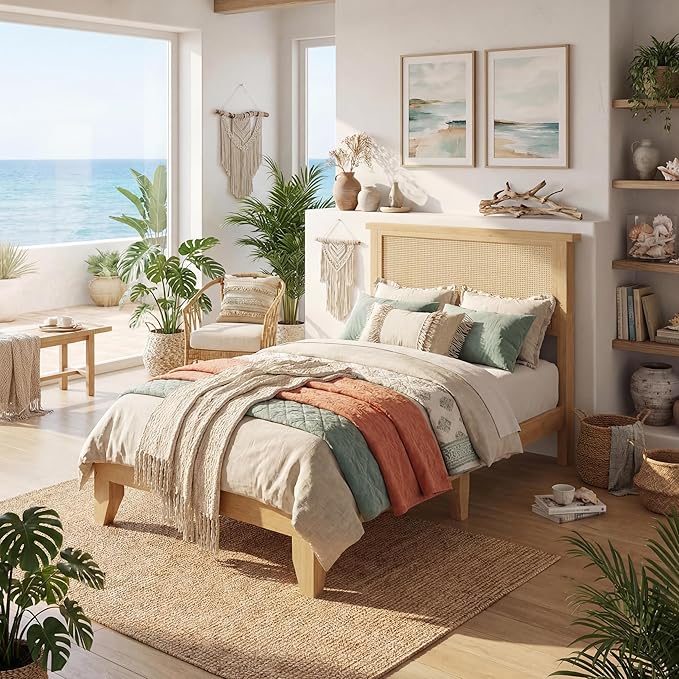 GAOMON Twin Size Rattan Bed Frame, Rattan Bed Frame with LED Light & Natural Headboard, Boho, Storage Space Underneath, Sturdy Wooden Slats Support, No Box Spring Needed