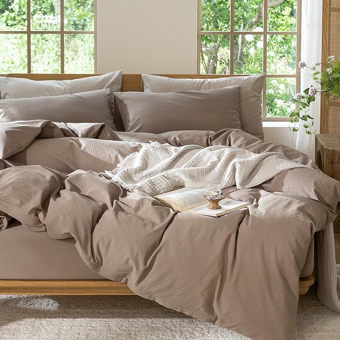MooMee Bedding Duvet Cover Set 100% Washed Cotton Linen Like Textured Breathable Durable Soft Comfy (Solid Brown, Queen 90"x90")