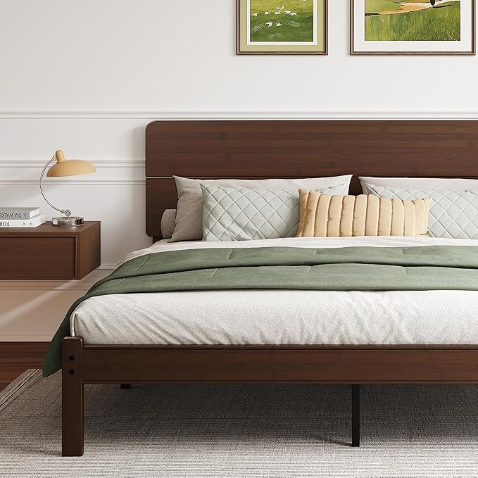 BOSRII 14in High Solid Bamboo Wood Platform King Size Bed Frame with Headboard, Reinforced Heavy Duty Metal Slats, Noise Free, No Box Spring Needed, Easy Assembly, Walnut