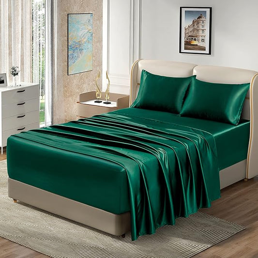 Homiest 4pcs Extra Deep Pocket Satin Sheets - Full Size Bed Set, 18-24 Inch Deep Pocket, Blackish Green Satin Bedding Set Fits Ultra Deep Mattress