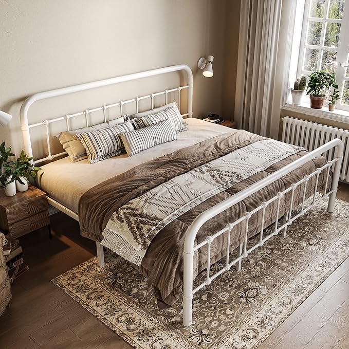 Allewie King Size Metal Platform Bed Frame with Victorian Style Wrought Iron-Art Headboard/Footboard, No Box Spring Required, White