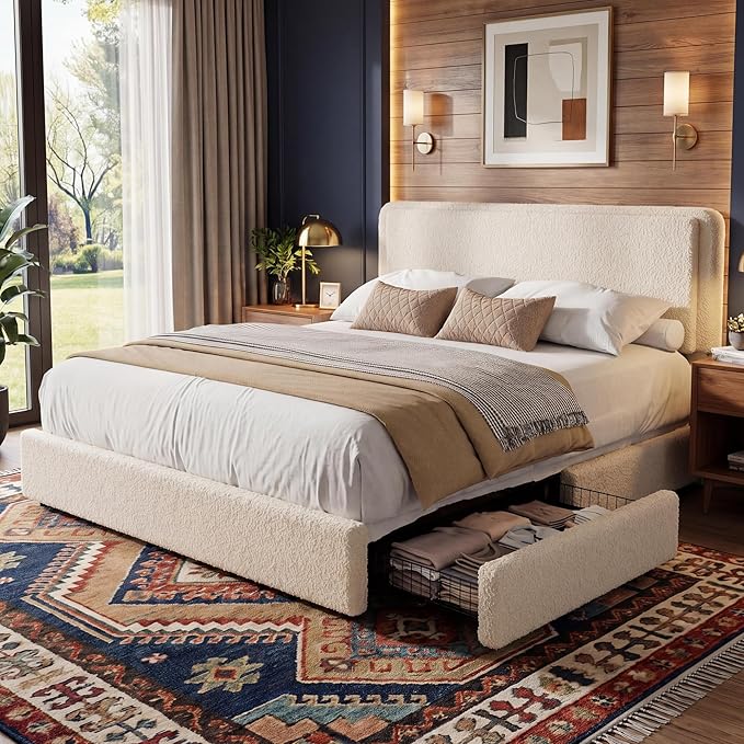 Garvee King Size Teddy Fleece Bed Frame, Upholstered Platform Bed with 2 Storage Drawers, Height Adjustable Cloud Headboard, Thick Soft Teddy Fabric Bed, Modern Style, No Box Spring Required, Cream