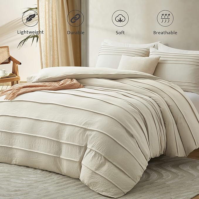 Oli Anderson Beige Duvet Cover King Size - Pleated King Duvet Cover, 3PCS Soft and Breathable Textured Bedding Set with Zipper Closure(Beige,104"x90")