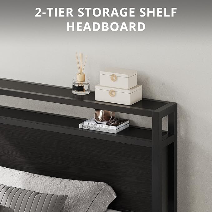 LIKIMIO Full Bed Frame with Headboard, Dark Wood Camas Full with Strong Supports, Sturdy, Noise-Free, No Box Spring Needed, Classic Black