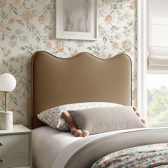 Monday Athena Twin Size Performance Velvet Adjustable Headboard in Taupe - with Scalloped Wave Design and Stain-Resistant Velvet Upholstery