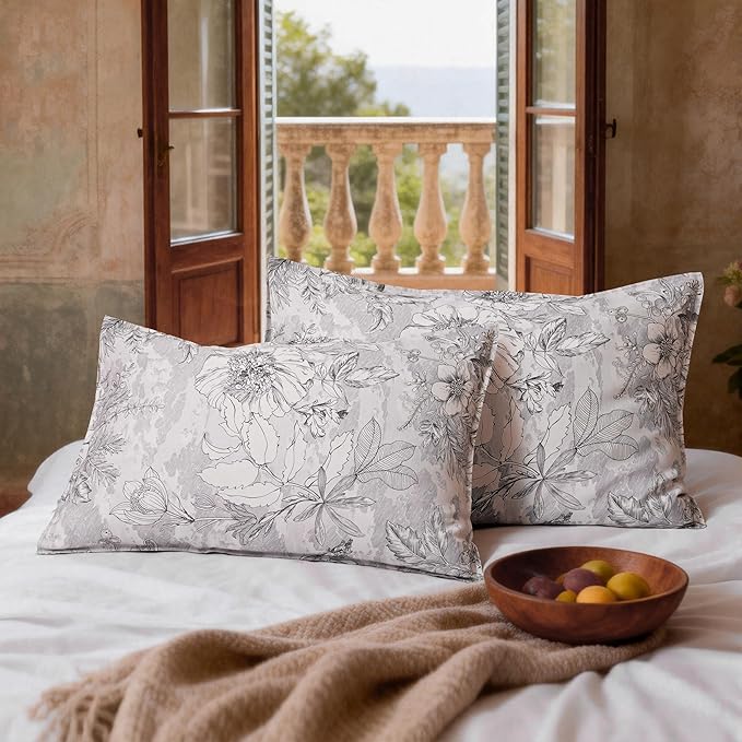 CHUFFED 100% French Linen Pillow Cases Sketch Floral Print, Farmhouse Floral Stone Washed Pillow Shams with Envelope Closure Soft Breathable Vintage Decorative Pillow Covers for Decor,20x30 inches