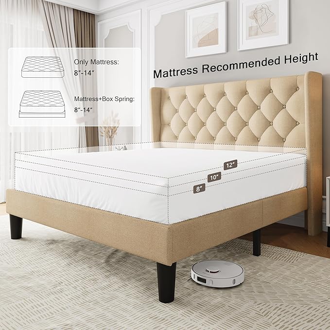 Einhomn Full Size Platform Bed Frame with Fabric Upholstered Wingback Headboard, 10" Under Bed Space, Wooden & Metal Slats Support, No Box Spring Needed, Beige