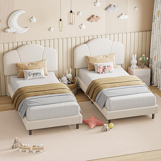 LIKIMIO Twin Size Bed Frame Set of 2, Upholstered Twin Platform Bed with Headboard Lamb Velvet Twin Beds, No Box Spring Needed with 800LBS Sturdy Wooden Slats Support, Noise Free, Easy Assembly, White
