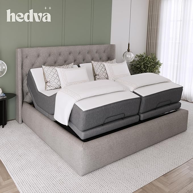 Hedva Adjustable Bed Frame with Massage Motors, 4 USB Ports, LED Light, 5-Minute Assembly, Multiple Preset Positions for Ultimate Comfort, Wireless Remote Control Adjustable Bed