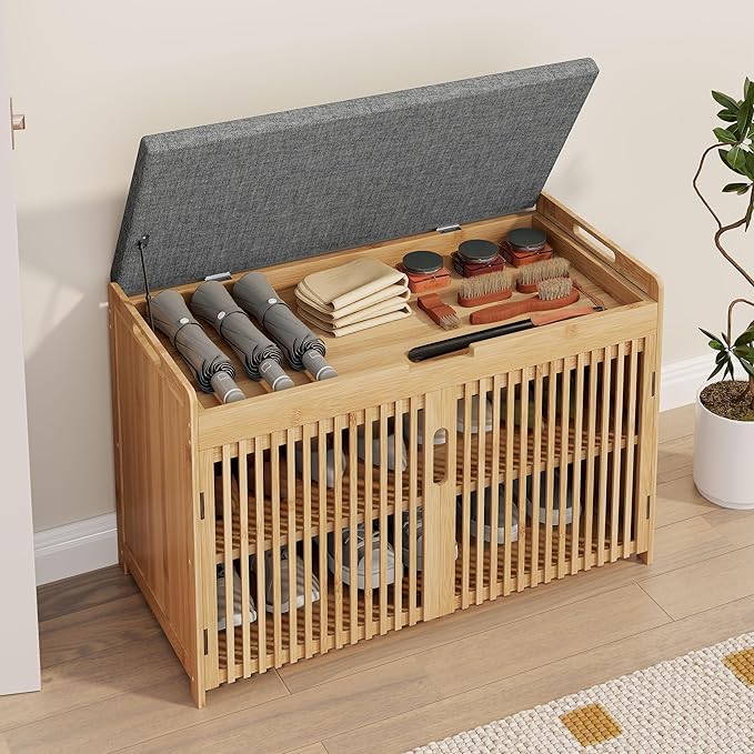 WISUCART Shoe Storage Bench with Cushion Seat, Bamboo Entryway Shoe Rack Bench, 2-Tier Shoe Organizer for Entryway, Bedroom, Hallway, Living Room, Holds Up to 330 lbs, Nature