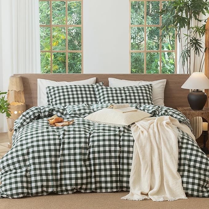 MooMee Gingham Duvet Cover Set 100% Washed Cotton Linen Like Textured Breathable Durable Soft Comfy Modern Checkered Design (Buffalo Plaid Forest Green, King 104"x90")