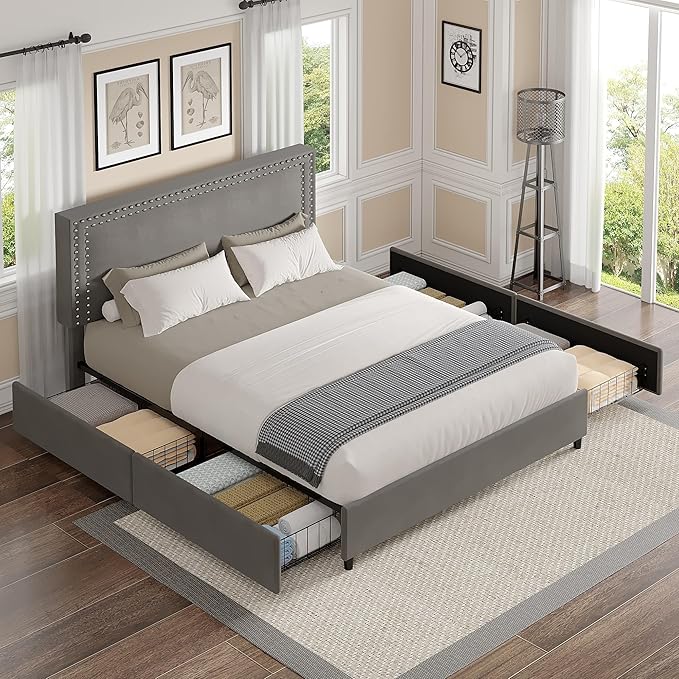 VECELO Queen Size Upholstered Bed Frame with 4 Storage Drawers, Adjustable Velvet Rivet Decor Headboard, Wooden Slats Platform Support, No Box Spring Needed, Easy Assembly,Dark Grey